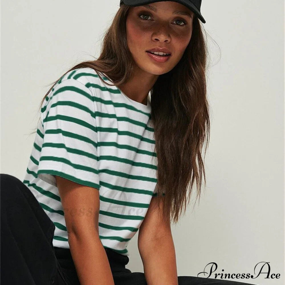 Casual Women's Cotton Harajuku Neck Brief Warm-Season Arm Tops Striped O Loose Tee T-Shirt Style image 6
