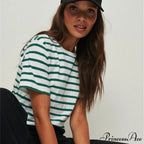 Casual Women's Cotton Harajuku Neck Brief Warm-Season Arm Tops Striped O Loose Tee T-Shirt Style image 6