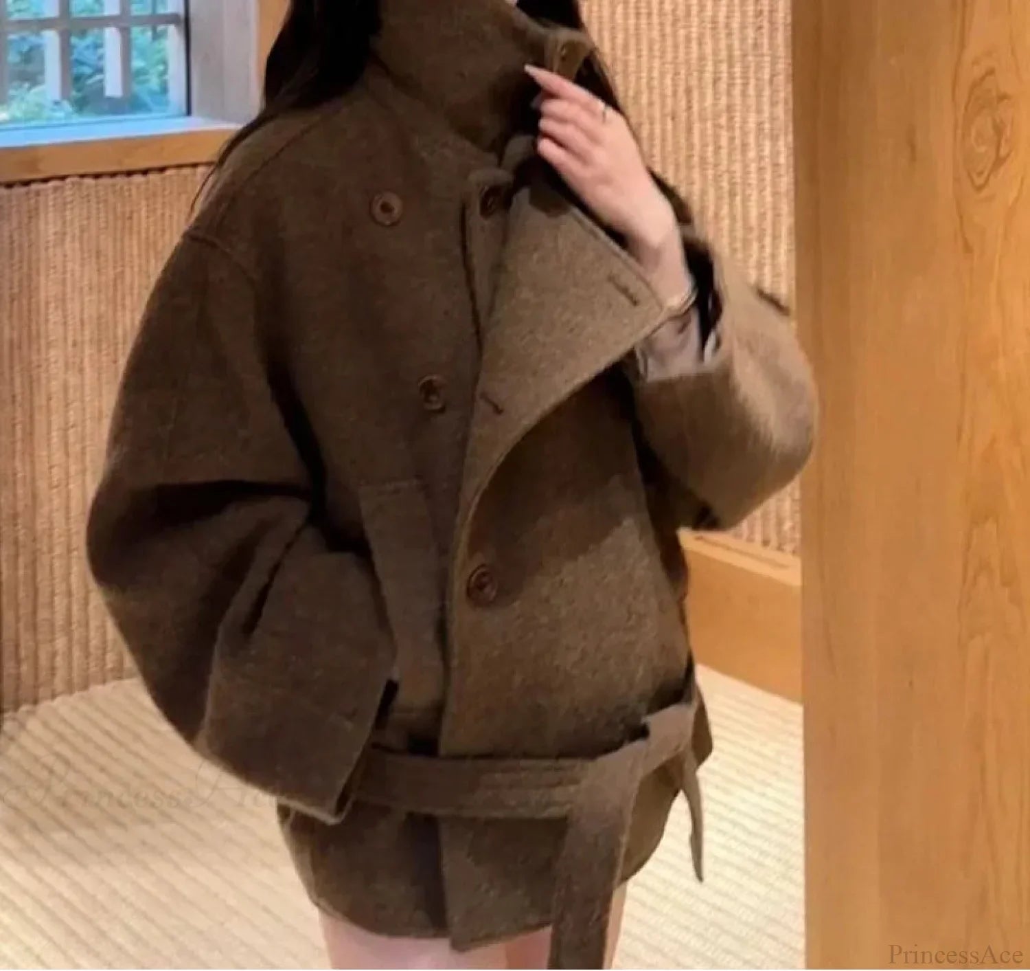 Casual Wool Lace-Up Stand Collar Overcoat image 3