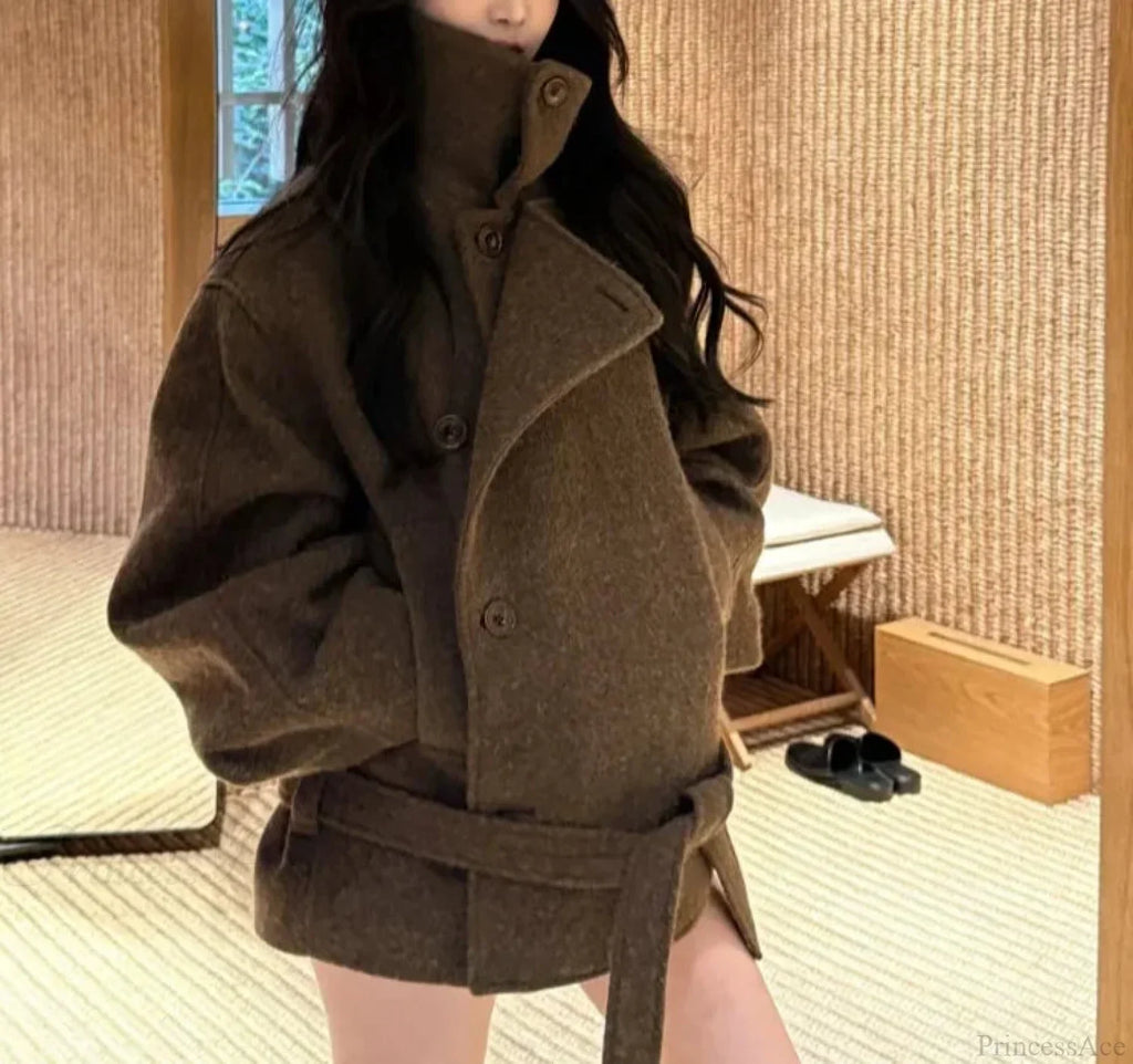 Casual Wool Lace-Up Stand Collar Overcoat image 1