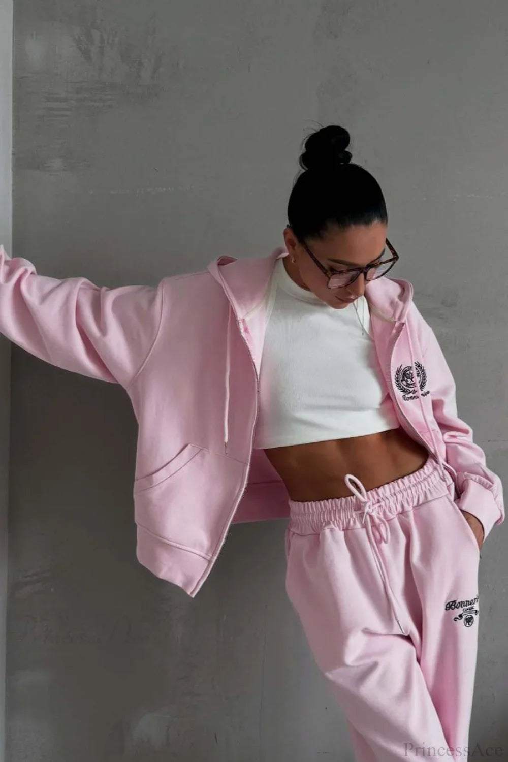 Casual Zip Hooded Embroidered Sweatpants Two Piece Set image 5