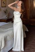 Chic Solid Satin Shirred Strapless Elegant Maxi Dress image 1