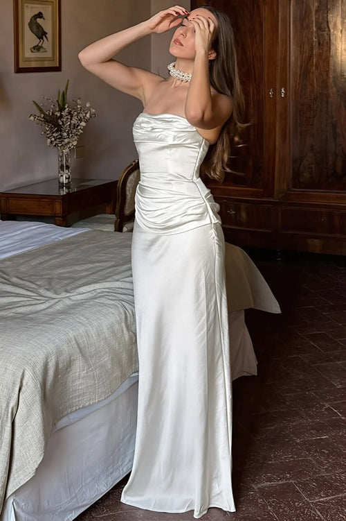 Chic Solid Satin Shirred Strapless Elegant Maxi Dress image 1