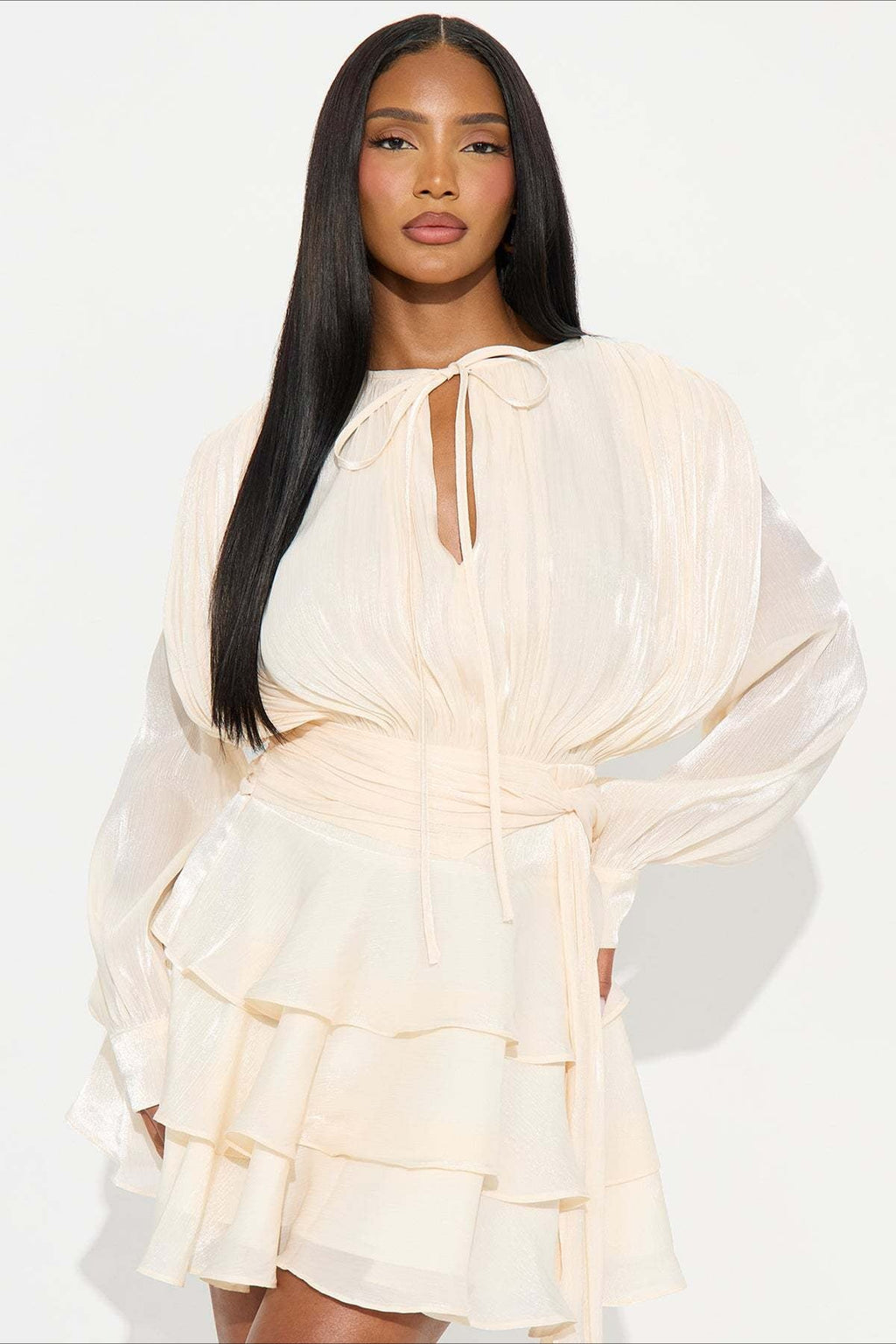 Sheen Flowy Tie Ruched Tiered Mini Dress image 6