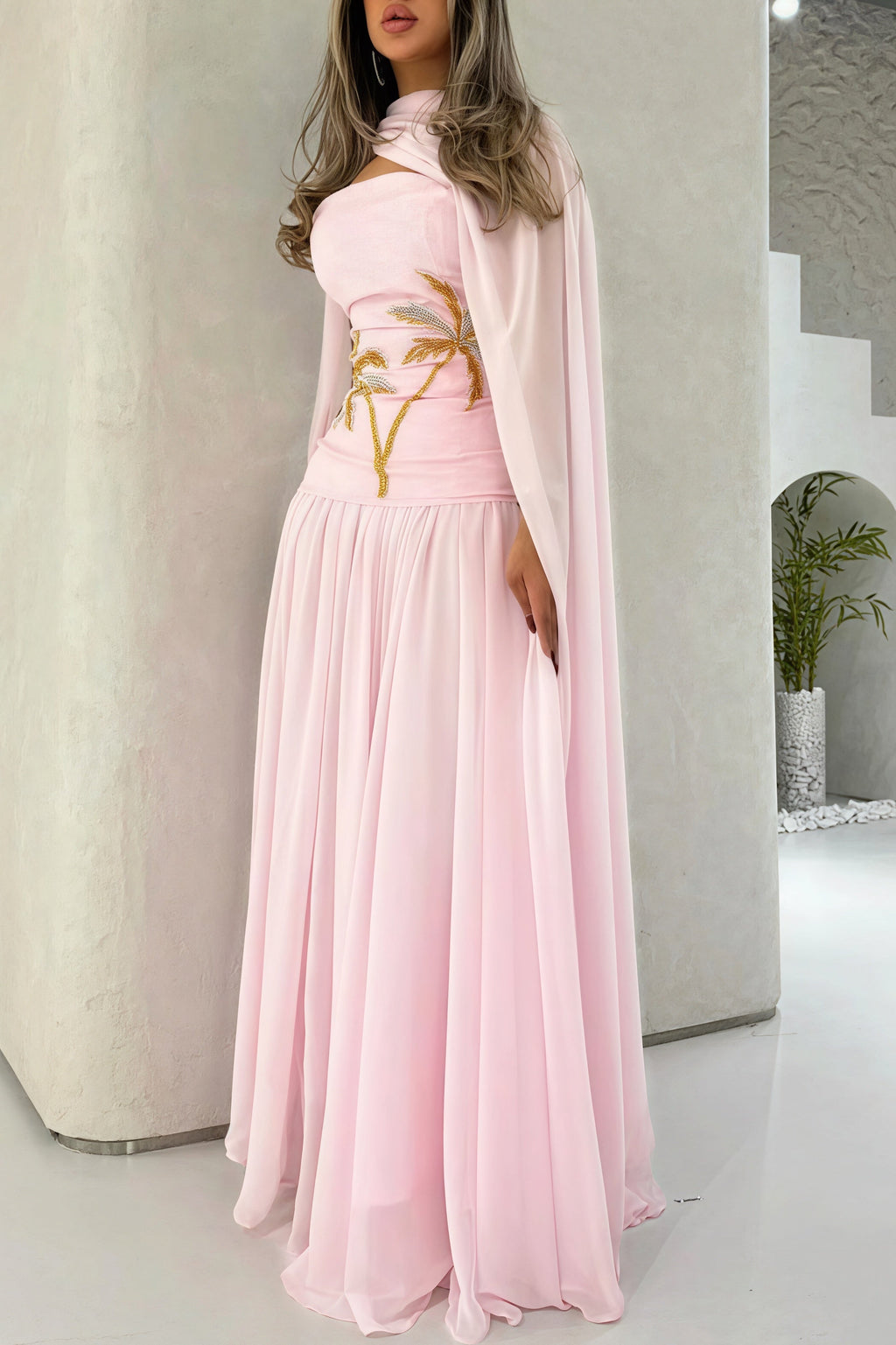 Elegant Chiffon Cape Beaded Maxi Dress image 1