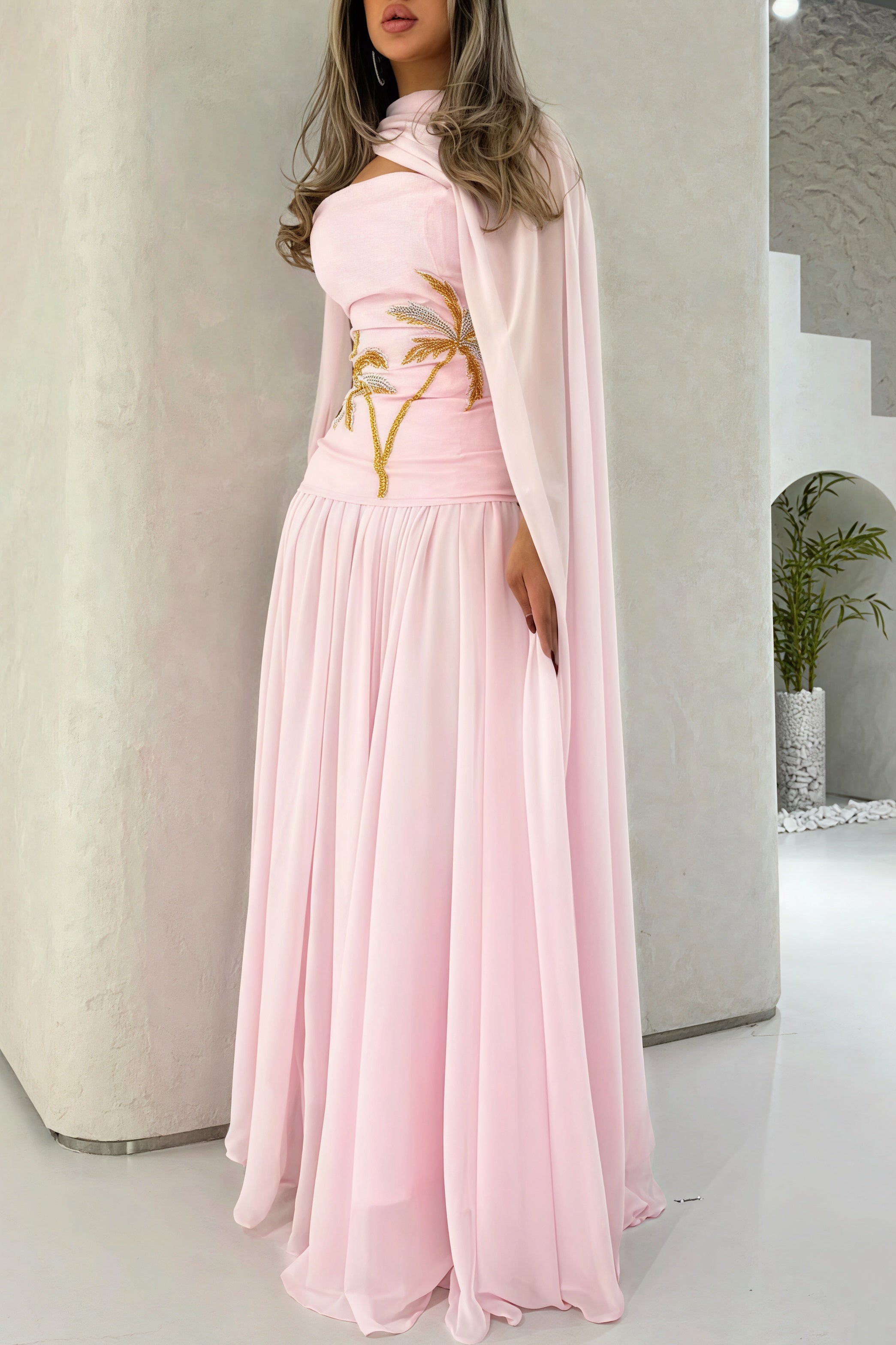 Elegant Chiffon Cape Beaded Maxi Dress image 1