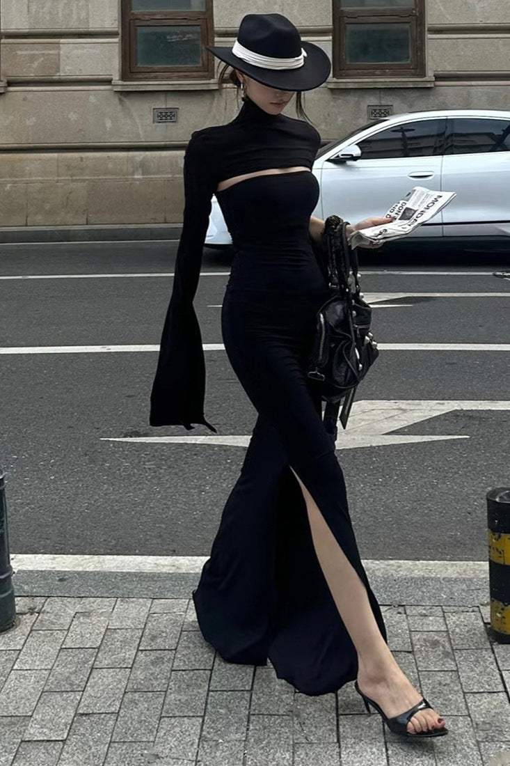 French High-End Solid Slim Asymmetric Long-Sleeve Maxi Dress image 5