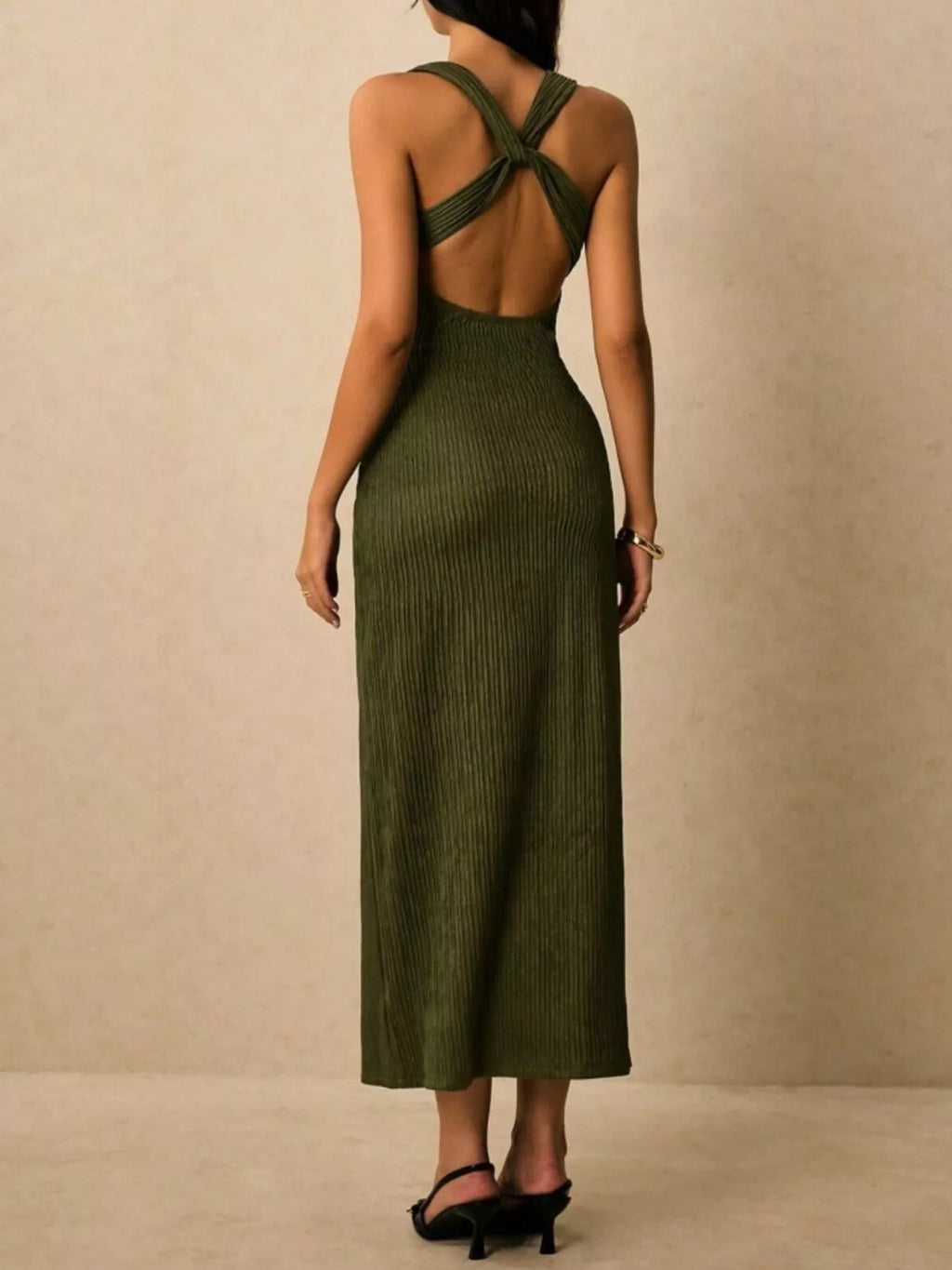 Solene Knit Midi Dress detail view styled for Avrienne