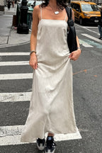 Khaki Linen Cotton Cami Loose Office Maxi Dress image 4
