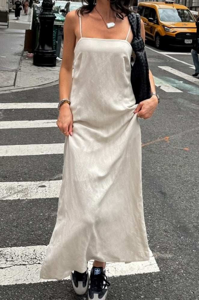 Khaki Linen Cotton Cami Loose Office Maxi Dress image 4