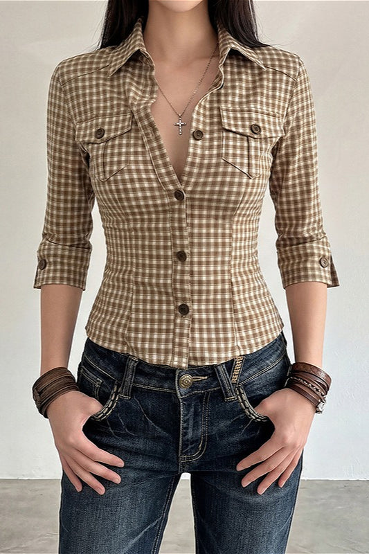 Plaid Waist Slim Five Quarter Sleeve Blouse image 2