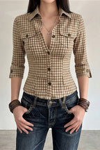 Plaid Waist Slim Five Quarter Sleeve Blouse image 2