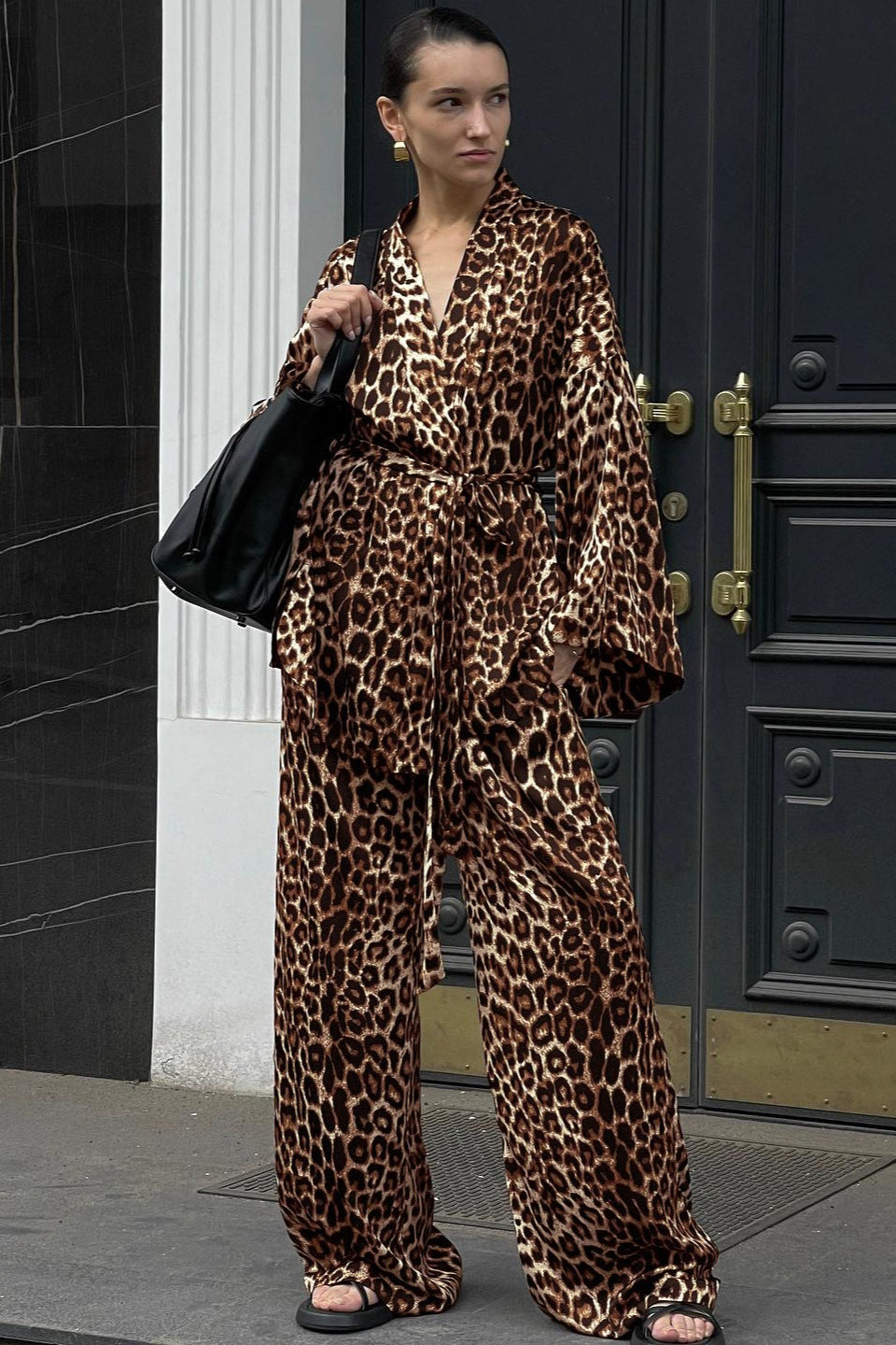 Chic Printed Long-Sleeve Shirt Belted Wide-Leg Pants Two Piece Set image 1