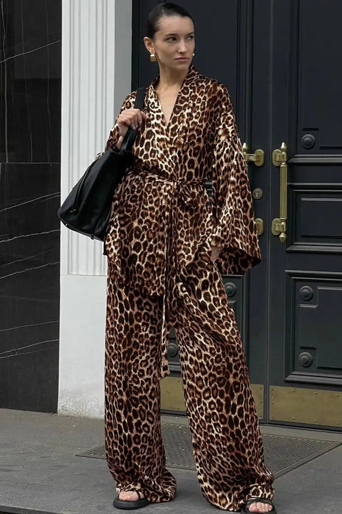 Chic Printed Long-Sleeve Shirt Belted Wide-Leg Pants Two Piece Set image 1
