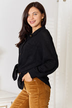 Romy Waffle Knit Shirt detail view styled for Avrienne