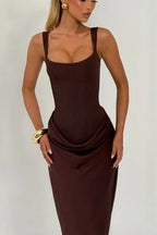 Sexy Ruched Spaghetti Strap Boned Waist Cinching Bodycon Maxi Dress image 2