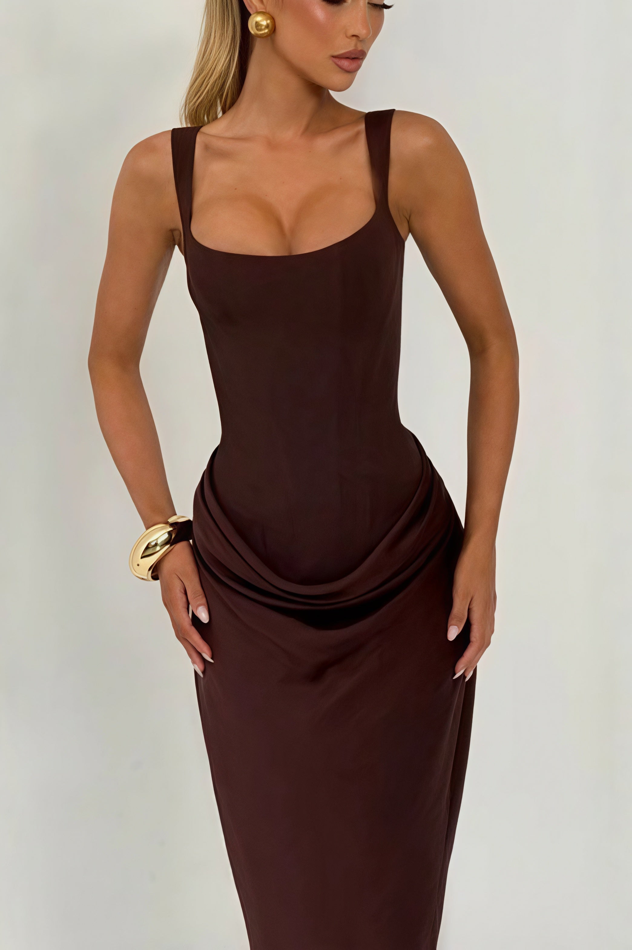Sexy Ruched Spaghetti Strap Boned Waist Cinching Bodycon Maxi Dress image 2