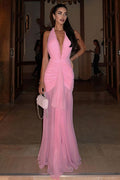 Sweet V Neck Halter Ruched Mesh Maxi Dress image 1