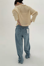 Hollow-Out Collared Tie-Waist Long-Sleeve Short Knit Cardigan image 8