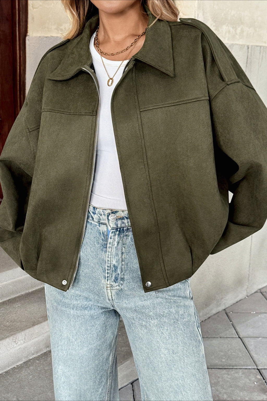 Lapel Collar Suede-Look Bomber Jacket image 1