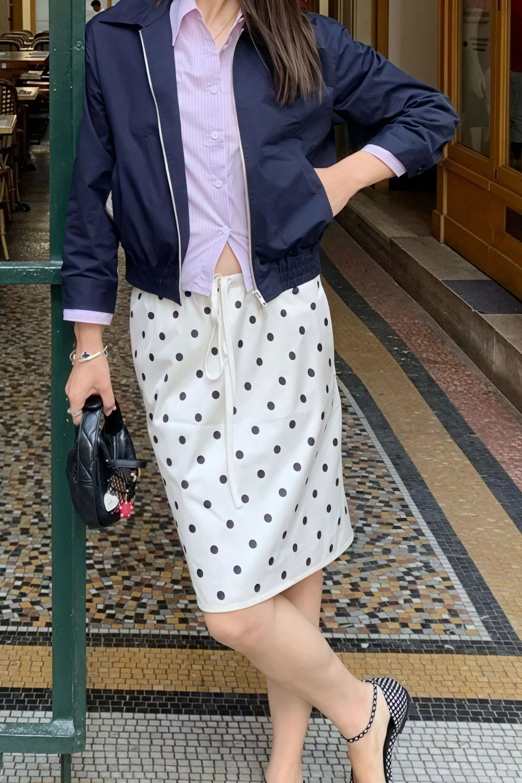 Vintage Satin Polka Dot Drawstring Midi Skirt image 2