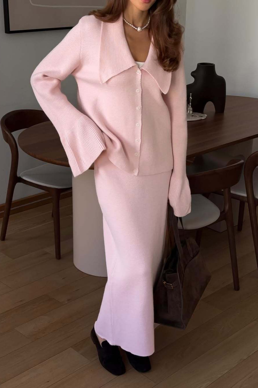 Bell-Sleeve Pink Polo Collar Cardigan Straight Skirt Two Piece Set image 2