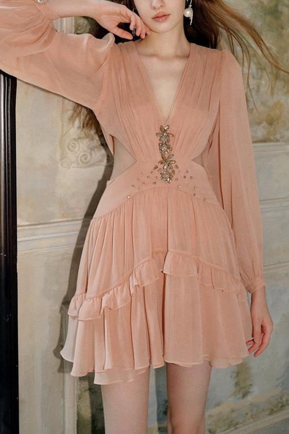 Elegant Deep V Cut Out Waist Rhinestone Chiffon Mini Dress image 3