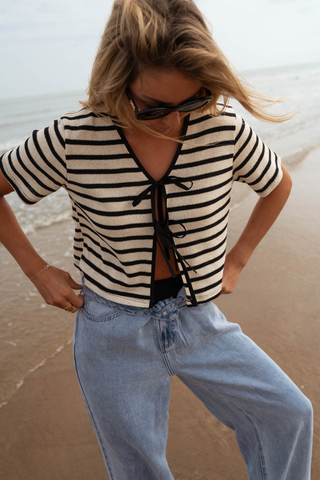 Striped Tie-Front Knit Short Sleeves Cardigan image 1