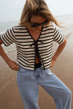 Striped Tie-Front Knit Short Sleeves Cardigan image 1