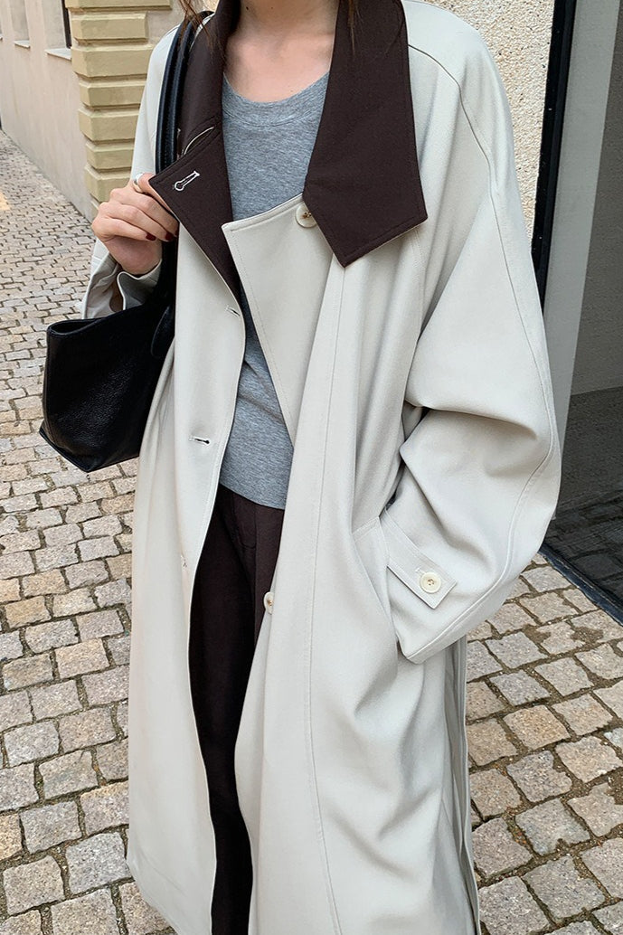 THE MIND British Style Contrast-Collar Long Overcoat image 5