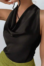 Cassia Satin Blouse detail view styled for Avrienne