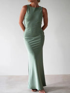 Sylvie Satin Maxi Dress detail view styled for Avrienne