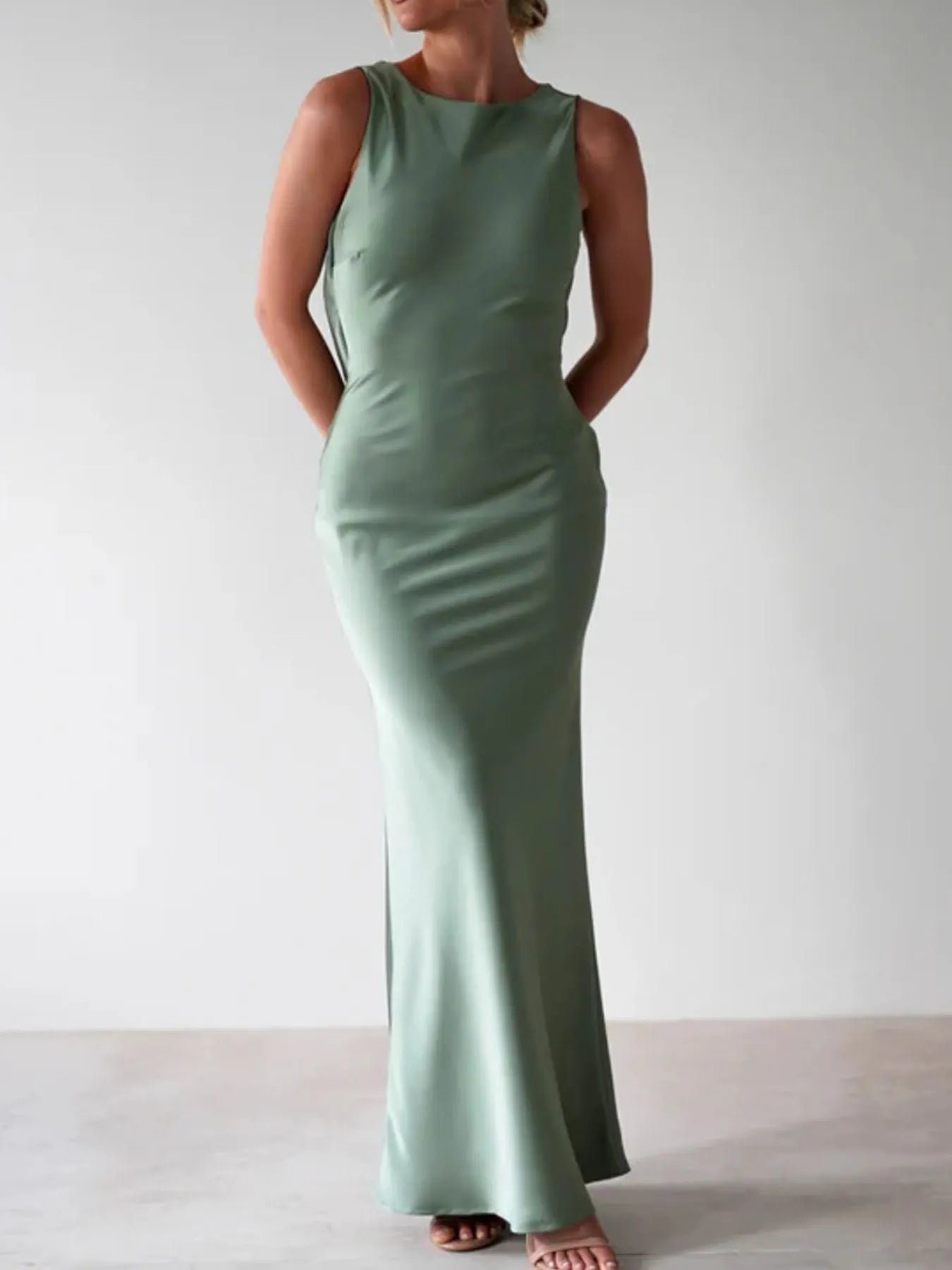 Sylvie Satin Maxi Dress detail view styled for Avrienne