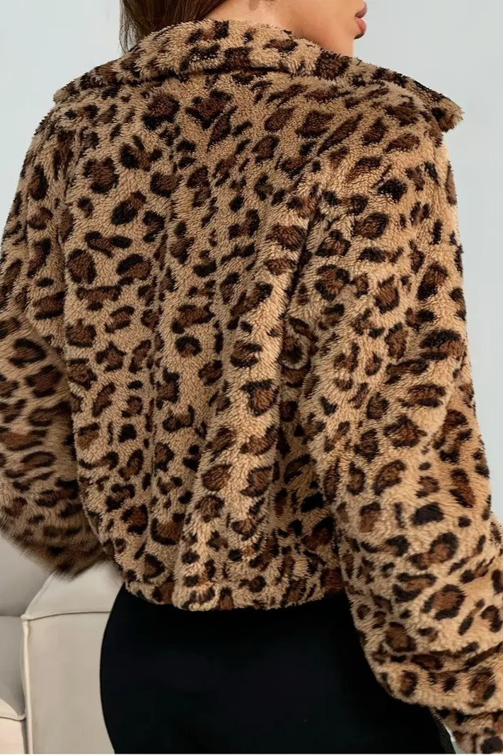 Elegant Leopard Print Hooded Zip-Up Coat image 3