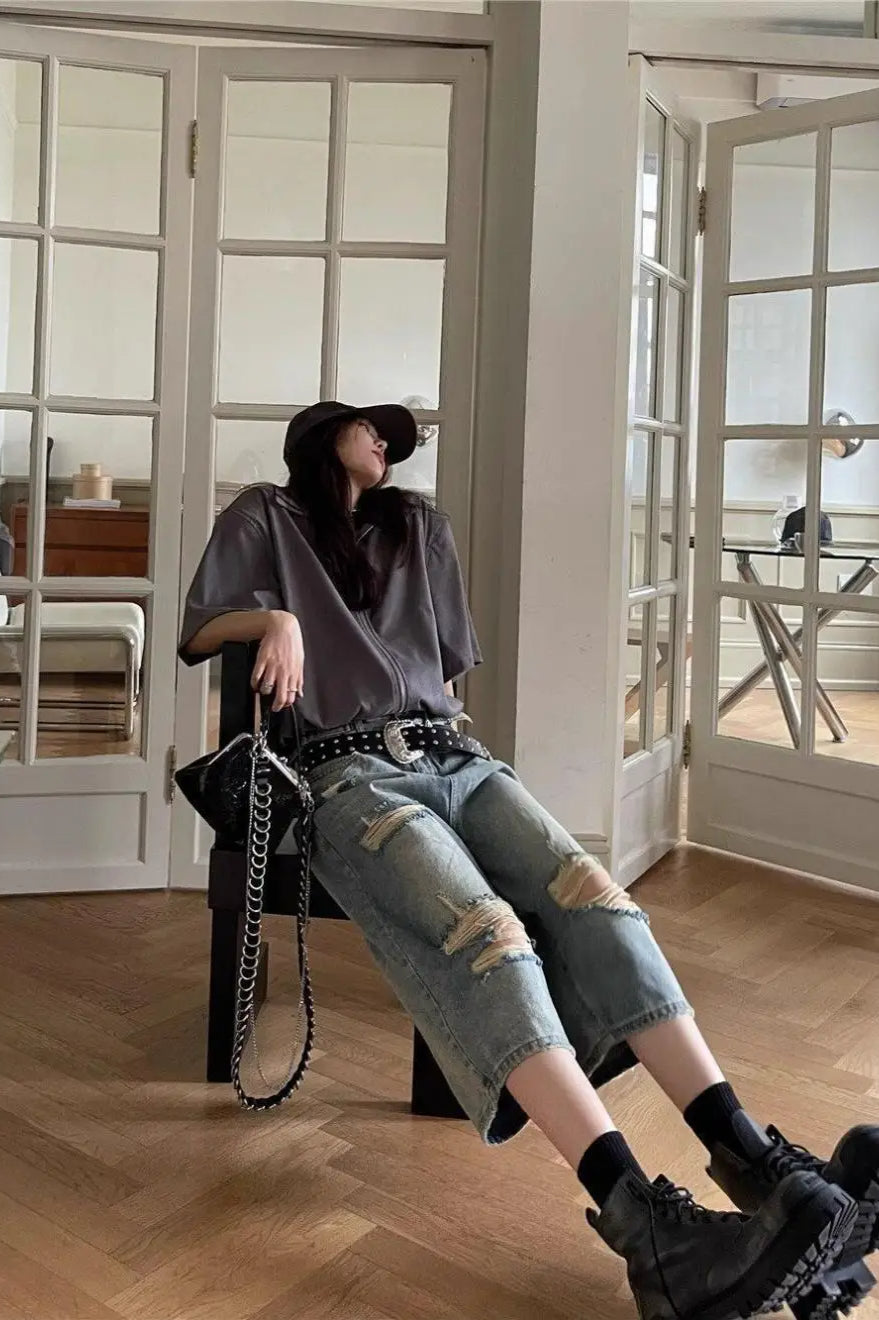 Loose Ripped Capri Wide Leg Jeans image 5