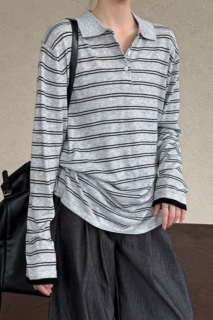 Soft Wool Striped Polo Collar Long Sleeve Long Sleeve Tee image 2