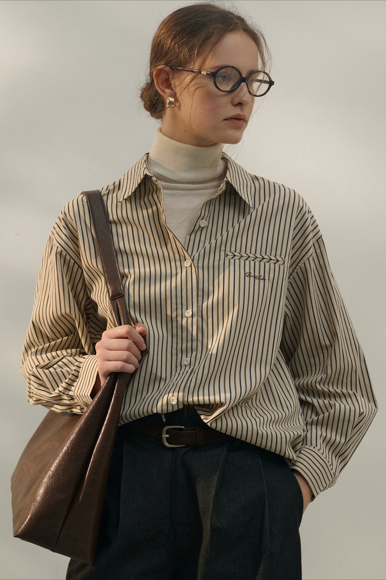 Vintage Color Block Stripe Collar Cotton Blouse image 1