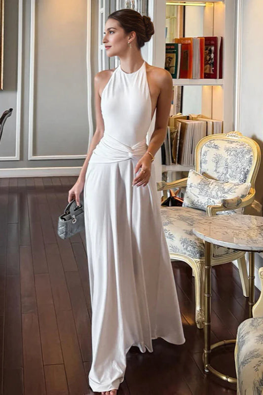 Solid Halter Neck Backless Ruched Maxi Dress image 1