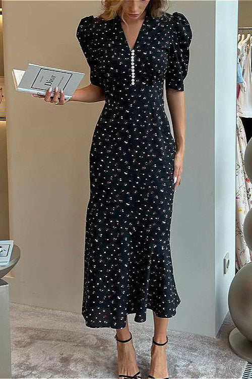 V Neck Ruffled High Waist Short Sleeve Floral Dress image 6
