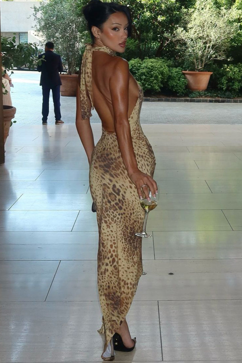 Leopard Halter Tie Back Asymmetrical Maxi Dress image 4