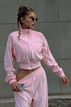 Athletic Velvet Collar Zipper Long Sleeve Two Piece Set image 2