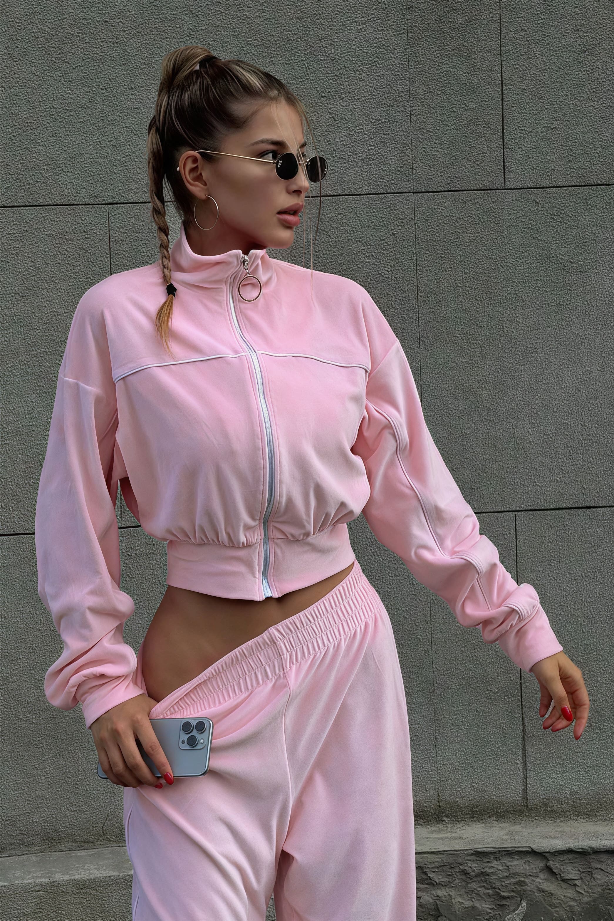 Athletic Velvet Collar Zipper Long Sleeve Two Piece Set image 2