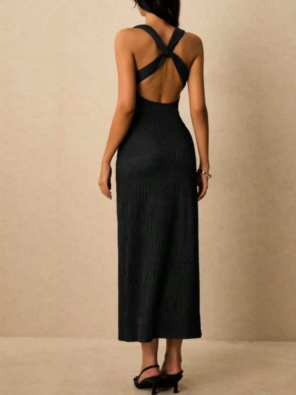 Solene Knit Midi Dress detail view styled for Avrienne