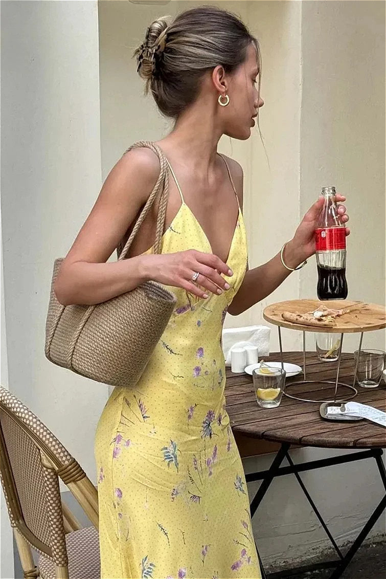 Casual Yellow Print Spaghetti Strap Floral Dress image 3