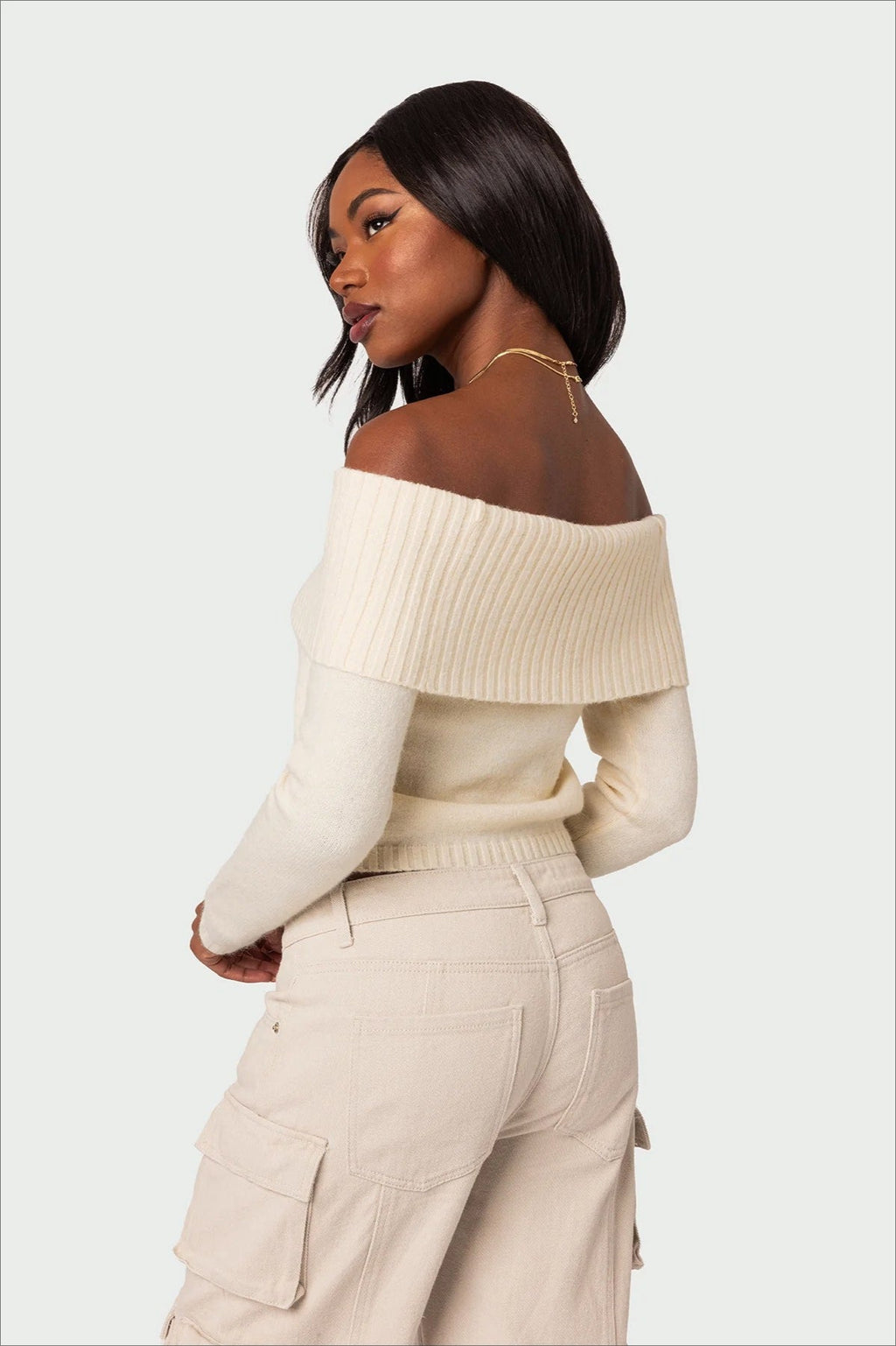 Solid Color Off-Shoulder Boat Neck Long-Sleeve Knit Top image 9