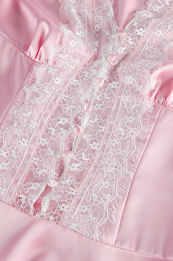 Pink Satin Lace Puff Sleeve Mini Dress image 6