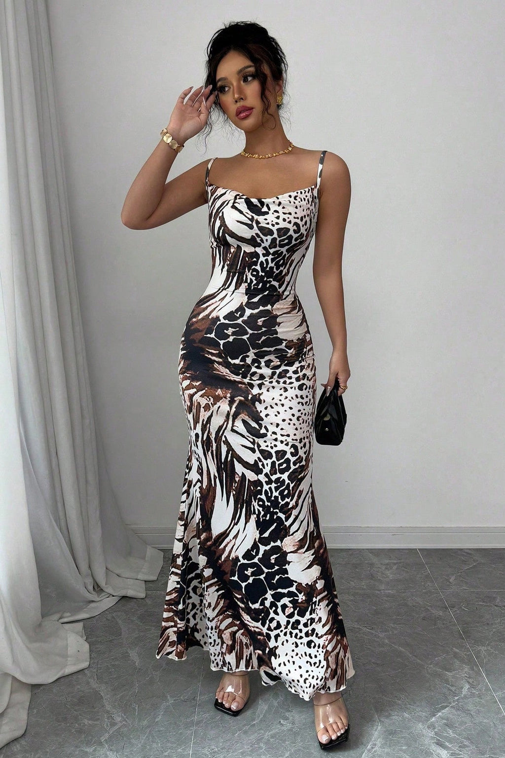 Slim Fit Leopard Backless Slip Maxi Dress image 3