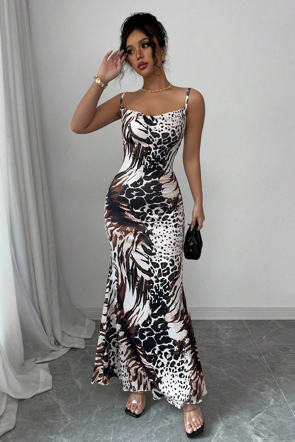Slim Fit Leopard Backless Slip Maxi Dress image 3