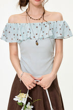 Mint Polka Dot Ruffle Off Shoulder Blouse image 1