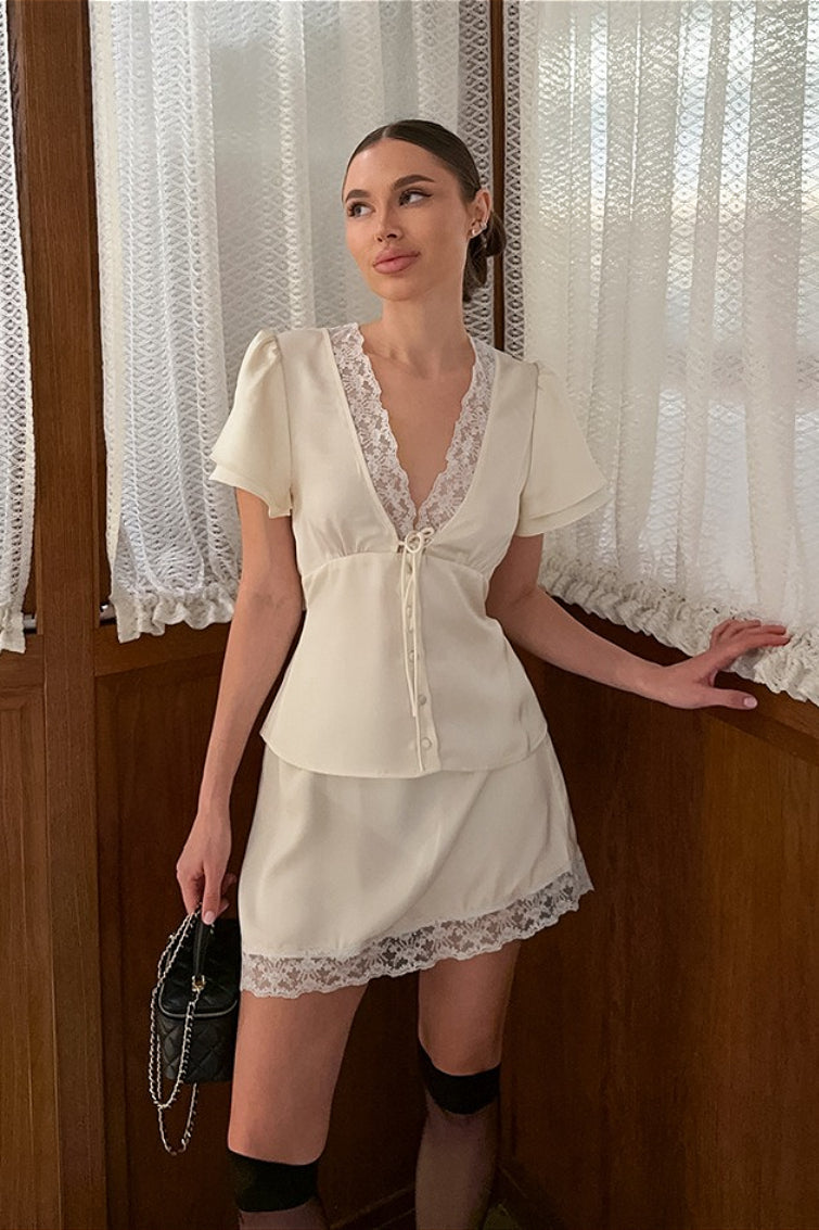 Satin Silk-Like Lace V-Neck Waist Tie Skirt Set image 7